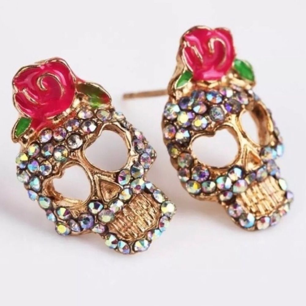 Gold Skull Earrings with Pink Rose Dia de Los Muertos